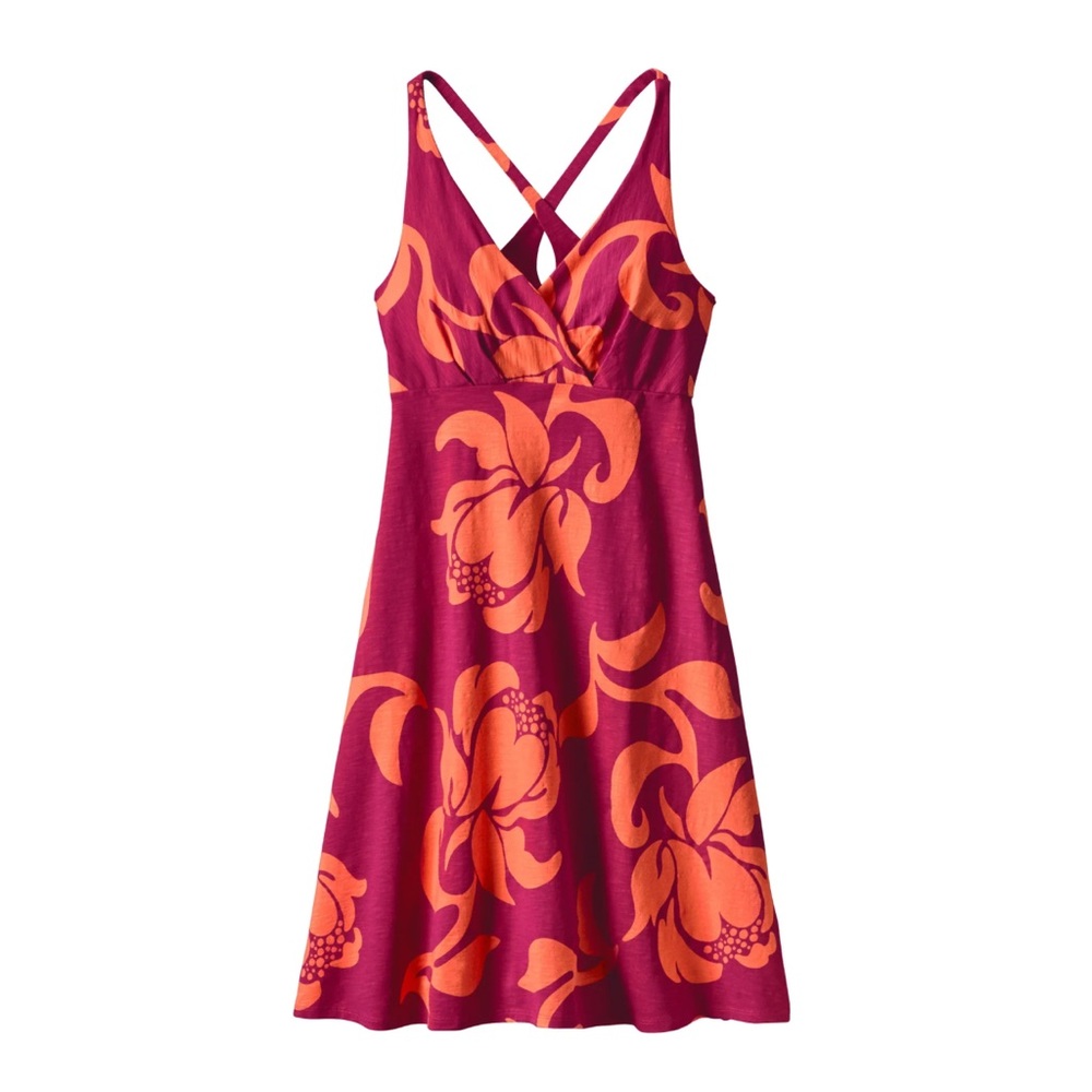 Patagonia Organic Cotton AMBER DAWN Hawaiian Print Cross Back Resort Dress M